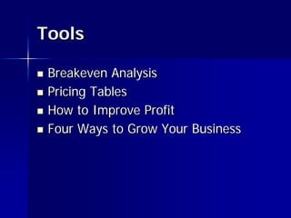 Tools

   Breakeven Analysis
   Pricing Tables
   How to Improve Profit
   Four Ways to Grow Your Business
 
