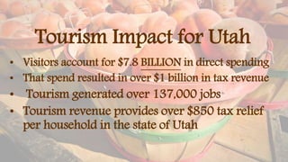 Tourism Impact for Utah
• Visitors account for $7.8 BILLION in direct spending
• That spend resulted in over $1 billion in tax revenue
• Tourism generated over 137,000 jobs
• Tourism revenue provides over $850 tax relief
per household in the state of Utah
 