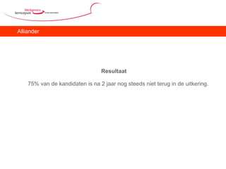 Alliander Resultaat 75% van de kandidaten is na 2 jaar nog steeds niet terug in de uitkering. 