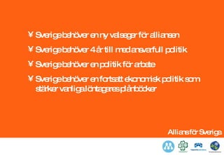 Sverige behöver en ny valseger för alliansen Sverige behöver 4 år till med ansvarfull politik Sverige behöver en politik för arbete Sverige behöver en fortsatt ekonomisk politik som stärker vanliga löntagares plånböcker 
