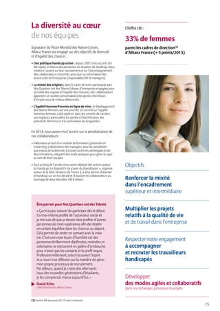 15
La diversité au cœur
de nos équipes
Signataire du Pacte Mondial des Nations Unies,
Allianz France est engagé sur des objectifs de diversité
et d’égalité des chances :
• Une politique handicap active : depuis 2007, trois accords ont
été signés en faveur des personnes en situation de handicap. Nous
mettons l’accent sur leur recrutement et sur l’accompagnement
des collaborateurs concernés, ainsi que sur la formation des
acteurs clés de l’entreprise (responsables RH et managers).
• La mixité des origines : dans le cadre de notre partenariat avec
Nos Quartiers ont des Talents (réseau d’entreprises engagées pour
la mixité des origines et l’égalité des chances), des collaborateurs
apportent un soutien personnalisé à des jeunes chercheurs
d’emploi issus de milieux défavorisés.
• L’égalité Hommes-Femmes en ligne de mire : le développement
des talents féminins est une priorité. Un accord sur l’égalité
hommes-femmes a été signé et, dans les comités de carrière,
une vigilance particulière est portée à l’identification des
potentiels féminins et à la nomination de dirigeantes.
En 2014, nous avons mis l’accent sur la sensibilisation de
nos collaborateurs :
• Elaboration et test d’un module de formation (présentiel et
e-learning) à destination des managers, pour les sensibiliser
aux enjeux de la diversité, à la lutte contre les stéréotypes et les
discriminations, intégrant des outils pratiques pour gérer le sujet
au sein de leurs équipes.
• Tout au long de l’année, nous avons déployé des actions autour
du handicap. Le dispositif « Va y’avoir du (handi)sport », organisé
autour de la série Vestiaires de France 2, a ainsi permis d’aborder
le handicap sur un ton décalé et d’associer les collaborateurs au
tournage de deux épisodes 100 % Allianz.
(5) Environ 300 personnes (H / F) dans l’entreprise.
Être parrain pour Nos Quartiers ont des Talents
« Ça m’a paru naturel de participer dès le début.
J’ai moi-même profité de l’ascenseur social et
je me suis dit que je devais faire profiter d’autres
personnes de mon expérience afin de rétablir
un certain équilibre dans les chances au départ.
Cela permet de rester en contact avec la vraie
vie. C’est une vraie leçon d’humilité car des
personnes brillamment diplômées, motivées et
volontaires se retrouvent en galère d’embauche
pour n’avoir pas les contacts et le profil requis.
Professionnellement, cela m’a ouvert l’esprit
et a nourri ma réflexion sur la manière de gérer
mon propre processus de recrutement.
Par ailleurs, quand je croise des alternants
issus des nouvelles générations d’étudiants,
je les comprends mieux aujourd’hui. »
David Krist,
Unité Distribution, Allianz France
Objectifs
Renforcer la mixité
dans l’encadrement
supérieur et intermédiaire
Multiplier les projets
relatifs à la qualité de vie
et de travail dans l’entreprise
Respecter notre engagement
à accompagner
et recruter les travailleurs
handicapés
Développer
des modes agiles et collaboratifs
dans nos échanges, processus et projets
Chiffre clé :
33% de femmes
parmi les cadres de direction(5)
d’Allianz France (+ 5 points/2013)
 