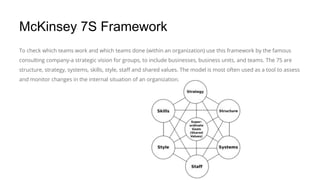 McKinsey 7S Framework
To check which teams work and which teams done (within an organization) use this framework by the famous
consulting company-a strategic vision for groups, to include businesses, business units, and teams. The 7S are
structure, strategy, systems, skills, style, staff and shared values. The model is most often used as a tool to assess
and monitor changes in the internal situation of an organization.
 