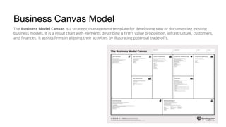 Business Canvas Model
The Business Model Canvas is a strategic management template for developing new or documenting existing
business models. It is a visual chart with elements describing a firm’s value proposition, infrastructure, customers,
and finances. It assists firms in aligning their activities by illustrating potential trade-offs.
 