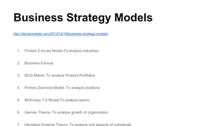 Business Strategy Models
http://decisionstats.com/2013/12/19/business-strategy-models/
1. Porters 5 forces Model-To analyze industries
2. Business Canvas
3. BCG Matrix- To analyze Product Portfolios
4. Porters Diamond Model- To analyze locations
5. McKinsey 7 S Model-To analyze teams
6. Gernier Theory- To analyze growth of organization
7. Herzberg Hygiene Theory- To analyze soft aspects of individuals
 