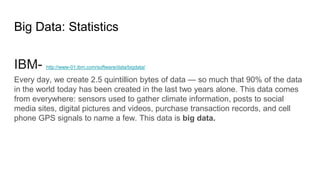 Big Data: Statistics
IBM- http://www-01.ibm.com/software/data/bigdata/
Every day, we create 2.5 quintillion bytes of data — so much that 90% of the data
in the world today has been created in the last two years alone. This data comes
from everywhere: sensors used to gather climate information, posts to social
media sites, digital pictures and videos, purchase transaction records, and cell
phone GPS signals to name a few. This data is big data.
 