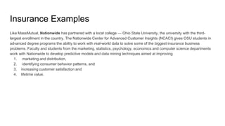 Insurance Examples
Like MassMutual, Nationwide has partnered with a local college — Ohio State University, the university with the third-
largest enrollment in the country. The Nationwide Center for Advanced Customer Insights (NCACI) gives OSU students in
advanced degree programs the ability to work with real-world data to solve some of the biggest insurance business
problems. Faculty and students from the marketing, statistics, psychology, economics and computer science departments
work with Nationwide to develop predictive models and data mining techniques aimed at improving
1. marketing and distribution,
2. identifying consumer behavior patterns, and
3. increasing customer satisfaction and
4. lifetime value.
 