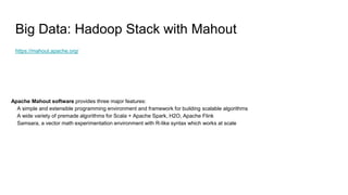 Big Data: Hadoop Stack with Mahout
https://mahout.apache.org/
Apache Mahout software provides three major features:
A simple and extensible programming environment and framework for building scalable algorithms
A wide variety of premade algorithms for Scala + Apache Spark, H2O, Apache Flink
Samsara, a vector math experimentation environment with R-like syntax which works at scale
 