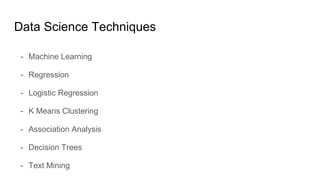 Data Science Techniques
- Machine Learning
- Regression
- Logistic Regression
- K Means Clustering
- Association Analysis
- Decision Trees
- Text Mining
 