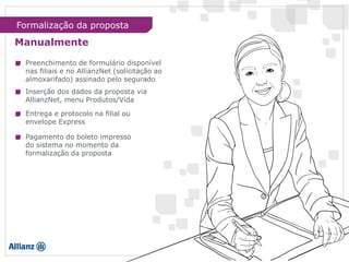 Manualmente
Preenchimento de formulário disponível
nas filiais e no AllianzNet (solicitação ao
almoxarifado) assinado pelo segurado
Inserção dos dados da proposta via
AllianzNet, menu Produtos/Vida
Entrega e protocolo na filial ou
envelope Express
Pagamento do boleto impresso
do sistema no momento da
formalização da proposta
Formalização da proposta
 