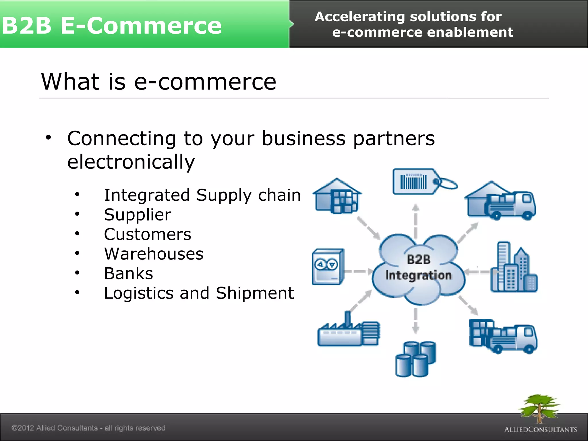 B2B E-Commerce Accelerating solutions for 
What is e-commerce 
• Connecting to your business partners 
electronically 
• Integrated Supply chain 
• Supplier 
• Customers 
• Warehouses 
• Banks 
• Logistics and Shipment 
e-commerce enablement 
 