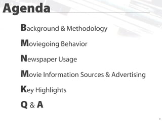 Agenda
Background & Methodology
Moviegoing Behavior
Newspaper Usage
Movie Information Sources & Advertising
Key Highlights
Q&A
2

 