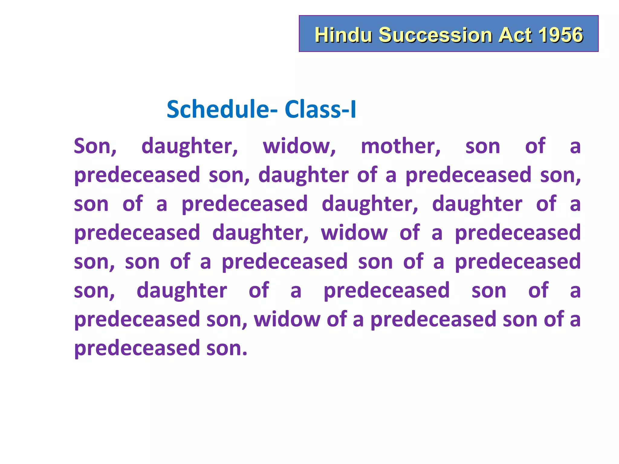 Hindu Succession Act 1956


        Schedule- Class-I
Son, daughter, widow, mother, son of a
predeceased son, daughter of a predeceased son,
son of a predeceased daughter, daughter of a
predeceased daughter, widow of a predeceased
son, son of a predeceased son of a predeceased
son, daughter of a predeceased son of a
predeceased son, widow of a predeceased son of a
predeceased son.
 