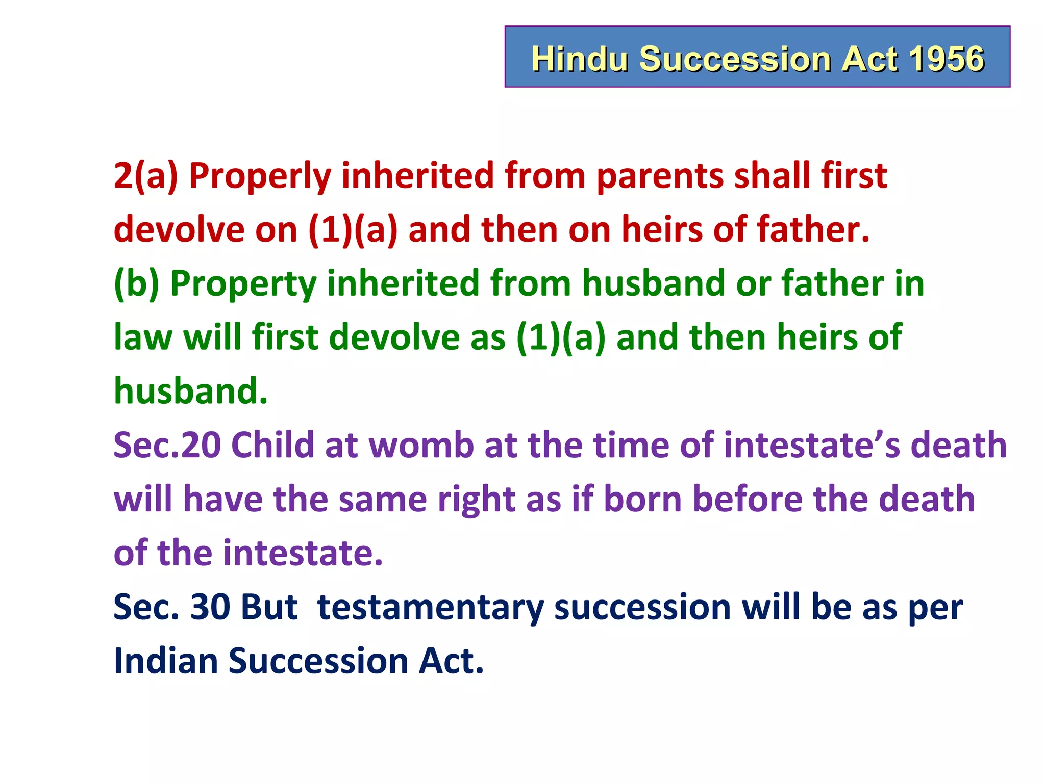 Hindu Succession Act 1956


2(a) Properly inherited from parents shall first
devolve on (1)(a) and then on heirs of father.
(b) Property inherited from husband or father in
law will first devolve as (1)(a) and then heirs of
husband.
Sec.20 Child at womb at the time of intestate’s death
will have the same right as if born before the death
of the intestate.
Sec. 30 But testamentary succession will be as per
Indian Succession Act.
 