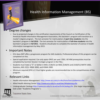 Health Information Management (BS) Degree changes Due to projected changes in the certification requirements of the Council on Certification of the American Health Information Management Association, this bachelor’s program will transition to a master's degree program.  The last semester for matriculation of  part-time students  into the bachelor's program is  Fall 2010 .  The last semester for matriculation of  full-time students  into the bachelor's program is  Fall 2011 .  Students should plan to complete this bachelor of science in health information management by May 2015.  Important Notes ECU does NOT offer a progression program for AAS students. Professional phase of this program can be completed on-line. Special application required. Can only apply ONCE per year: FEB1. All HIM prerequisites must be completed by Summer Session I to begin program in the FALL. Students must make a “C” or better in BIOL 2130/31 (or BIOL 2140/41 and 2150/51) MATH 1065, Statistics, MIS 2223, HIMA 3000, and HSMA 2000 Minimum required GPA is 2.5 but higher grades are recommended due to the competitiveness of the program. Relevant Links Health Information Management  http://www.ecu.edu/cs-dhs/hsim/him-academics.cfm   Allied Health Advising Center  http://www.ecu.edu/cs-acad/aec/AHadvising.cfm Undergraduate Catalogs  http://www.ecu.edu/cs-acad/aa/SrchCatalog.cfm   (For major requirements, look under “Academic Programs” ) 