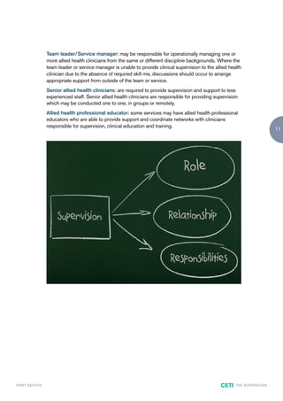 Team leader/Service manager: may be responsible for operationally managing one or
                        more allied health clinicians from the same or different discipline backgrounds. Where the
                        team leader or service manager is unable to provide clinical supervision to the allied health
                        clinician due to the absence of required skill mix, discussions should occur to arrange
                        appropriate support from outside of the team or service.
                        Senior allied health clinicians: are required to provide supervision and support to less
                        experienced staff. Senior allied health clinicians are responsible for providing supervision
                        which may be conducted one to one, in groups or remotely.
                        Allied health professional educator: some services may have allied health professional
                        educators who are able to provide support and coordinate networks with clinicians
                        responsible for supervision, clinical education and training.
                                                                                                                                              11




F I R ST E D IT I O N                                                                                      CETI    TH E S U P E R G U I D E
 