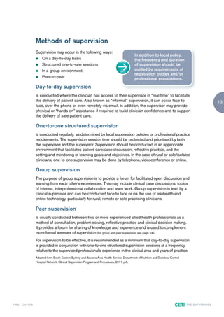 Methods of supervision
                        Supervision may occur in the following ways:
                                                                                                       In addition to local policy,
                        z On a day-to-day basis                                                        the frequency and duration
                        z Structured one-to-one sessions                                               of supervision should be
                        z In a group environment                                                       guided by requirements of
                                                                                                       registration bodies and/or
                        z Peer-to-peer
                                                                                                       professional associations.

                        Day-to-day supervision
                        Is conducted where the clinician has access to their supervisor in “real time” to facilitate
                        the delivery of patient care. Also known as “informal” supervision, it can occur face to                                                         13
                        face, over the phone or even remotely via email. In addition, the supervisor may provide
                        physical or “hands on” assistance if required to build clinician confidence and to support
                        the delivery of safe patient care.

                        One-to-one structured supervision
                        Is conducted regularly, as determined by local supervision policies or professional practice
                        requirements. The supervision session time should be protected and prioritised by both
                        the supervisee and the supervisor. Supervision should be conducted in an appropriate
                        environment that facilitates patient care/case discussion, reflective practice, and the
                        setting and monitoring of learning goals and objectives. In the case of rural or sole/isolated
                        clinicians, one-to-one supervision may be done by telephone, videoconference or online.

                        Group supervision
                        The purpose of group supervision is to provide a forum for facilitated open discussion and
                        learning from each other’s experiences. This may include clinical case discussions, topics
                        of interest, interprofessional collaboration and team work. Group supervision is lead by a
                        clinical supervisor and can be conducted face to face or via the use of telehealth and
                        online technology, particularly for rural, remote or sole practising clinicians.

                        Peer supervision
                        Is usually conducted between two or more experienced allied health professionals as a
                        method of consultation, problem solving, reflective practice and clinical decision making.
                        It provides a forum for sharing of knowledge and experience and is used to complement
                        more formal avenues of supervision (for group and peer supervision see page 24).
                        For supervision to be effective, it is recommended as a minimum that day-to-day supervision
                        is provided in conjunction with one-to-one structured supervision sessions at a frequency
                        relative to the supervised professional’s experience in the clinical area and years of practice.
                        Adapted from South Eastern Sydney and Illawarra Area Health Service, Department of Nutrition and Dietetics, Central
                        Hospital Network, Clinical Supervision Program and Procedures, 2011, p.5.




F I R ST E D IT I O N                                                                                                                  CETI   TH E S U P E R G U I D E
 