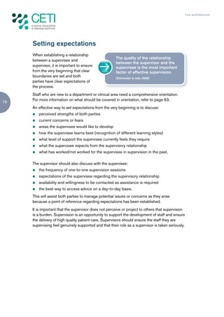 TH E S U P E R G U I D E




     Setting expectations
     When establishing a relationship
                                                       The quality of the relationship
     between a supervisee and
                                                       between the supervisor and the
     supervisor, it is important to ensure             supervisee is the most important
     from the very beginning that clear                factor of effective supervision.
     boundaries are set and both                       (Kilminster & Jolly 2000)
     parties have clear expectations of
     the process.
     Staff who are new to a department or clinical area need a comprehensive orientation.
     For more information on what should be covered in orientation, refer to page 63.
16
     An effective way to set expectations from the very beginning is to discuss:
     z   perceived strengths of both parties
     z   current concerns or fears
     z   areas the supervisee would like to develop
     z   how the supervisee learns best (recognition of different learning styles)
     z   what level of support the supervisee currently feels they require
     z   what the supervisee expects from the supervisory relationship
     z   what has worked/not worked for the supervisee in supervision in the past.

     The supervisor should also discuss with the supervisee:
     z   the frequency of one-to-one supervision sessions
     z   expectations of the supervisee regarding the supervisory relationship
     z   availability and willingness to be contacted as assistance is required
     z   the best way to access advice on a day-to-day basis.
     This will assist both parties to manage potential issues or concerns as they arise
     because a point of reference regarding expectations has been established.
     It is important that the supervisor does not perceive or project to others that supervision
     is a burden. Supervision is an opportunity to support the development of staff and ensure
     the delivery of high quality patient care. Supervisors should ensure the staff they are
     supervising feel genuinely supported and that their role as a supervisor is taken seriously.
 