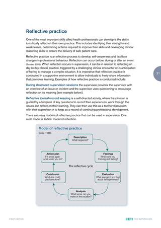 Reflective practice
                        One of the most important skills allied health professionals can develop is the ability
                        to critically reflect on their own practice. This includes identifying their strengths and
                        weaknesses, determining actions required to improve their skills and developing clinical
                        reasoning skills to ensure the delivery of safe patient care.
                        Reflective practice is an effective process to develop self-awareness and facilitate
                        changes in professional behaviour. Reflection can occur before, during or after an event
                        (Sandars 2009). When reflection occurs in supervision, it can be in relation to reflecting on
                        day to day clinical practice, triggered by a challenging clinical encounter or in anticipation
                        of having to manage a complex situation. It is imperative that reflective practice is
                                                                                                                                                 21
                        conducted in a supportive environment to allow individuals to freely share information
                        that promotes learning. Examples of how reflective practice is conducted include:
                        During structured supervision sessions the supervisee provides the supervisor with
                        an overview of an issue or incident and the supervisor uses questioning to encourage
                        reflection on its meaning (see example below).
                        Reflective journal/record keeping is a self-directed activity, where the clinician is
                        guided by a template of key questions to record their experiences, work through the
                        issues and reflect on their learning. They can then use this as a tool for discussion
                        with their supervisor or to keep as a record of continuing professional development.
                        There are many models of reflective practice that can be used in supervision. One
                        such model is Gibbs’ model of reflection.


                                  Model of reflective practice
                                  Gibbs (1988).
                                                                Description
                                                               What happened?




                                         Action plan                                         Feelings
                                       If it arose again                                  What were you
                                      what would you do?                               thinking and feeling?




                                         Conclusion                                        Evaluation
                                        What else could                               What was good and bad
                                        you have done?                                 about the experience?



                                                                  Analysis
                                                             What sense can you
                                                             make of the situation?




F I R ST E D IT I O N                                                                                          CETI   TH E S U P E R G U I D E
 