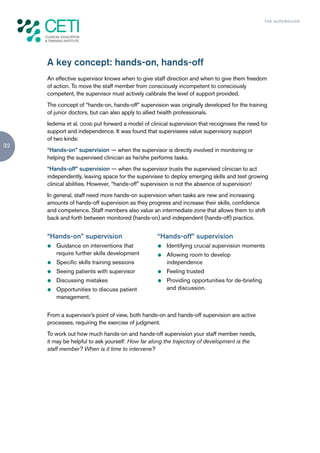 TH E S U P E R G U I D E




     A key concept: hands-on, hands-off
     An effective supervisor knows when to give staff direction and when to give them freedom
     of action. To move the staff member from consciously incompetent to consciously
     competent, the supervisor must actively calibrate the level of support provided.
     The concept of “hands-on, hands-off” supervision was originally developed for the training
     of junior doctors, but can also apply to allied health professionals.
     Iedema et al. (2008) put forward a model of clinical supervision that recognises the need for
     support and independence. It was found that supervisees value supervisory support
     of two kinds:
32
     “Hands-on” supervision — when the supervisor is directly involved in monitoring or
     helping the supervised clinician as he/she performs tasks.
     “Hands-off” supervision — when the supervisor trusts the supervised clinician to act
     independently, leaving space for the supervisee to deploy emerging skills and test growing
     clinical abilities. However, “hands-off” supervision is not the absence of supervision!
     In general, staff need more hands-on supervision when tasks are new and increasing
     amounts of hands-off supervision as they progress and increase their skills, confidence
     and competence. Staff members also value an intermediate zone that allows them to shift
     back and forth between monitored (hands-on) and independent (hands-off) practice.


     “Hands-on” supervision                        “Hands-off” supervision
     z   Guidance on interventions that            z   Identifying crucial supervision moments
         require further skills development        z   Allowing room to develop
     z   Specific skills training sessions             independence
     z   Seeing patients with supervisor           z   Feeling trusted
     z   Discussing mistakes                       z   Providing opportunities for de-briefing
     z   Opportunities to discuss patient              and discussion.
         management.


     From a supervisor’s point of view, both hands-on and hands-off supervision are active
     processes, requiring the exercise of judgment.
     To work out how much hands-on and hands-off supervision your staff member needs,
     it may be helpful to ask yourself: How far along the trajectory of development is the
     staff member? When is it time to intervene?
 