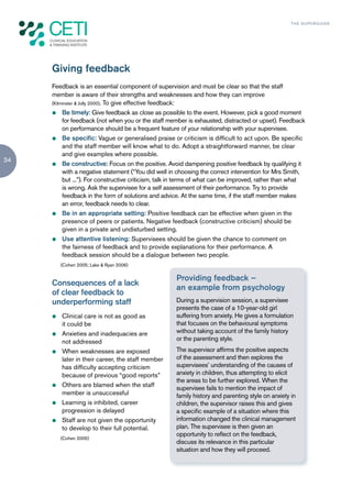 TH E S U P E R G U I D E




     Giving feedback
     Feedback is an essential component of supervision and must be clear so that the staff
     member is aware of their strengths and weaknesses and how they can improve
     (Kilminster & Jolly 2000). To give effective feedback:

     z Be timely: Give feedback as close as possible to the event. However, pick a good moment
          for feedback (not when you or the staff member is exhausted, distracted or upset). Feedback
          on performance should be a frequent feature of your relationship with your supervisee.
     z Be specific: Vague or generalised praise or criticism is difficult to act upon. Be specific
          and the staff member will know what to do. Adopt a straightforward manner, be clear
          and give examples where possible.
34
     z Be constructive: Focus on the positive. Avoid dampening positive feedback by qualifying it
          with a negative statement (“You did well in choosing the correct intervention for Mrs Smith,
          but ...”). For constructive criticism, talk in terms of what can be improved, rather than what
          is wrong. Ask the supervisee for a self assessment of their performance. Try to provide
          feedback in the form of solutions and advice. At the same time, if the staff member makes
          an error, feedback needs to clear.
     z Be in an appropriate setting: Positive feedback can be effective when given in the
          presence of peers or patients. Negative feedback (constructive criticism) should be
          given in a private and undisturbed setting.
     z use attentive listening: Supervisees should be given the chance to comment on
          the fairness of feedback and to provide explanations for their performance. A
          feedback session should be a dialogue between two people.
         (Cohen 2005; Lake & Ryan 2006)

                                                     Providing feedback –
     Consequences of a lack
                                                     an example from psychology
     of clear feedback to
     underperforming staff                           During a supervision session, a supervisee
                                                     presents the case of a 10-year-old girl
     z   Clinical care is not as good as             suffering from anxiety. He gives a formulation
         it could be                                 that focuses on the behavioural symptoms
     z   Anxieties and inadequacies are              without taking account of the family history
         not addressed                               or the parenting style.
     z   When weaknesses are exposed                 The supervisor affirms the positive aspects
         later in their career, the staff member     of the assessment and then explores the
         has difficulty accepting criticism          supervisees’ understanding of the causes of
         because of previous “good reports”          anxiety in children, thus attempting to elicit
                                                     the areas to be further explored. When the
     z   Others are blamed when the staff            supervisee fails to mention the impact of
         member is unsuccessful                      family history and parenting style on anxiety in
     z   Learning is inhibited, career               children, the supervisor raises this and gives
         progression is delayed                      a specific example of a situation where this
     z   Staff are not given the opportunity         information changed the clinical management
         to develop to their full potential.         plan. The supervisee is then given an
                                                     opportunity to reflect on the feedback,
         (Cohen 2005)
                                                     discuss its relevance in this particular
                                                     situation and how they will proceed.
 