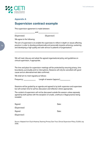TH E S U P E R G U I D E




     Appendix A

     Supervision contract example
     This supervision agreement is made between:
     ______________________ and ______________________
     (Supervisee)                                  (Supervisor)
     We agree to the following:
     The aim of supervision is to enable the supervisee to reflect in depth on issues affecting
72   practice in order to develop professionally and personally towards achieving, sustaining
     and developing a high quality and safe service to patients of (organisation)
     ___________________________________________________________________________.


     We will read, discuss and adopt the agreed organisational policy and guidelines on
     clinical supervision, if appropriate.


     The time and place for supervision meetings will be protected by ensuring privacy, time
     boundaries, punctuality and no interruptions. Sessions will only be cancelled with good
     cause and an alternative/next date confirmed.
     We shall aim to meet regularly as follows:
     Frequency: _____________            Length of session (approx.):___________


     Sessions will be guided by an agenda and agreed to by both supervisor and supervisee
     but will contain time for ad hoc discussion and reflection where appropriate.
     The content of supervision will not be discussed outside the session unless expressly
     agreed by both parties with the exception of unsafe, unethical or illegal practice being
     revealed.


     Signed:                                                         Date:
     (Supervisee)
     Signed:                                                         Date:
     (Supervisor)


     Source: Adapted from City & Hackney Teaching Primary Care Trust, Clinical Supervision Policy, CL003, July
     2006.
 