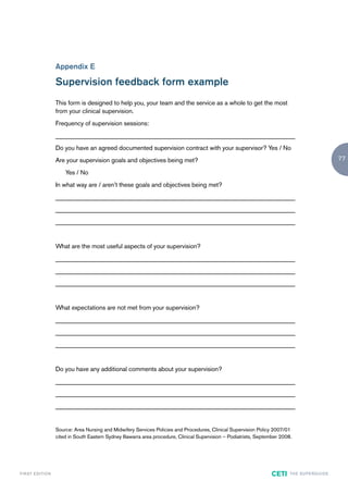 Appendix E

                        Supervision feedback form example
                        This form is designed to help you, your team and the service as a whole to get the most
                        from your clinical supervision.
                        Frequency of supervision sessions:
                        ____________________________________________________________________________
                        Do you have an agreed documented supervision contract with your supervisor? Yes / No
                        Are your supervision goals and objectives being met?                                                                                 77

                            Yes / No
                        In what way are / aren’t these goals and objectives being met?
                        ____________________________________________________________________________
                        ____________________________________________________________________________
                        ____________________________________________________________________________


                        What are the most useful aspects of your supervision?
                        ____________________________________________________________________________
                        ____________________________________________________________________________
                        ____________________________________________________________________________


                        What expectations are not met from your supervision?
                        ____________________________________________________________________________
                        ____________________________________________________________________________
                        ____________________________________________________________________________


                        Do you have any additional comments about your supervision?
                        ____________________________________________________________________________
                        ____________________________________________________________________________
                        ____________________________________________________________________________


                        Source: Area Nursing and Midwifery Services Policies and Procedures, Clinical Supervision Policy 2007/01
                        cited in South Eastern Sydney Illawarra area procedure, Clinical Supervision – Podiatrists, September 2008.




F I R ST E D IT I O N                                                                                                    CETI     TH E S U P E R G U I D E
 