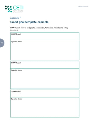 TH E S U P E R G U I D E




     Appendix F

     Smart goal template example
     SMART goals need to be Specific, Measurable, Achievable, Realistic and Timely
     (Doran 1981).


      SMART goal:



      Specific steps:
78




      SMART goal:



      Specific steps:




      SMART goal:



      Specific steps:
 