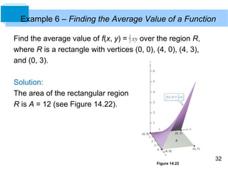 32
Example 6 – Finding the Average Value of a Function
Find the average value of f(x, y) = over the region R,
where R is a rectangle with vertices (0, 0), (4, 0), (4, 3),
and (0, 3).
Solution:
The area of the rectangular region
R is A = 12 (see Figure 14.22).
Figure 14.22
 