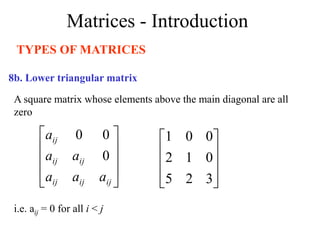 Matrices - Introduction
TYPES OF MATRICES
A square matrix whose elements above the main diagonal are all
zero
8b. Lower triangular matrix
i.e. aij = 0 for all i < j










3
2
5
0
1
2
0
0
1










ij
ij
ij
ij
ij
ij
a
a
a
a
a
a
0
0
0
 
