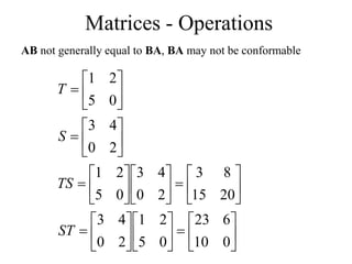 Matrices - Operations
AB not generally equal to BA, BA may not be conformable






















































0
10
6
23
0
5
2
1
2
0
4
3
20
15
8
3
2
0
4
3
0
5
2
1
2
0
4
3
0
5
2
1
ST
TS
S
T
 