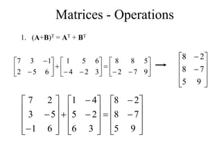Matrices - Operations
1. (A+B)T = AT + BT


























9
7
2
5
8
8
3
2
4
6
5
1
6
5
2
1
3
7












9
5
7
8
2
8






































9
5
7
8
2
8
3
6
2
5
4
1
6
1
5
3
2
7
 