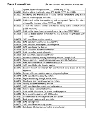 Sans Innovations                     ph: 9843347270, 9843064229, 9751463901

             System for mobile applications        (IEEE may 2005)
    GSM126   On line vehicle tracking by using GPS & GSM (IEEE-dec-2004)
    GSM127   Monitoring and transmission of heavy vehicle Parameters using fixed
             cellular terminal (IEEE apr 2004)
    GSM128   GSM-based mobile tele-monitoring and management System for inter-
             cities public transportations (IEEE apr 2004)
    GSM129   A real-time remote control architecture using Mobile communication
            (IEEE aug 2005)
    GSM130 GSM mobile phone based automobile security system ( IEEE 2000)
    GSM131 The GSM-based location system for the long-distance freight (IEEE July
                     2006)
    GSM132   SMS based home appliance control
    GSM133   SMS based universal motor speed control
    GSM134   SMS based dc motor speed control system
    GSM135   SMS based security System
    GSM136   GSM controlled industrial controller
    GSM137   GSM controlled industrial monitor
    GSM138   Call based home appliance controller
    GSM139   Automatic taxi trip sensing & indicating system Through GSM
    GSM140   Remote control of industrial machines based on GSM Technology
    GSM141   Mine detection vehicle for defense using GSM
    GSM142   SMS based industrial disaster system
    GSM143   Security breach information for unauthorized entry Based on mobile
             technique
    GSM144   Industrial furnace monitor system using mobile phone
    GSM145   SMS based banking security system
    GSM146   Engine monitoring through mobile phone
    GSM147   Mobile and smart card based voting system
    GSM148   Railway accident monitoring system
    GSM149   SMS based weather report monitoring system
    GSM150   Remote sales terminal networking
    GSM151   GSM and GPS interface for human tracking system
    GSM152   Data acquisition system with GSM modem
    GSM153   Accident identification system with auto dialer
    GSM154   Bank security system with auto dialer
    GSM155   SMS based printer
    GSM156   SMS based home security system
    GSM157   Coin based SMS sender and mobile phone charger
                                      7
 