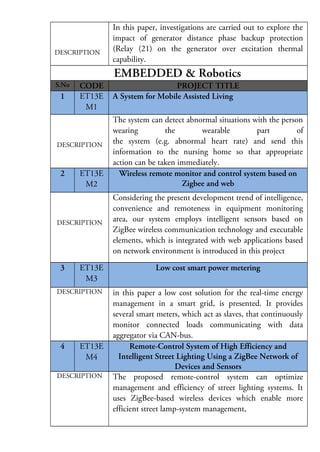 DESCRIPTION

In this paper, investigations are carried out to explore the
impact of generator distance phase backup protection
(Relay (21) on the generator over excitation thermal
capability.

EMBEDDED & Robotics
S.No

1

CODE
ET13E
M1

DESCRIPTION

2

ET13E
M2

DESCRIPTION

3

ET13E
M3

DESCRIPTION

4

ET13E
M4

DESCRIPTION

PROJECT TITLE
A System for Mobile Assisted Living
The system can detect abnormal situations with the person
wearing
the
wearable
part
of
the system (e.g. abnormal heart rate) and send this
information to the nursing home so that appropriate
action can be taken immediately.
Wireless remote monitor and control system based on
Zigbee and web
Considering the present development trend of intelligence,
convenience and remoteness in equipment monitoring
area, our system employs intelligent sensors based on
ZigBee wireless communication technology and executable
elements, which is integrated with web applications based
on network environment is introduced in this project
Low cost smart power metering
in this paper a low cost solution for the real-time energy
management in a smart grid, is presented. It provides
several smart meters, which act as slaves, that continuously
monitor connected loads communicating with data
aggregator via CAN-bus.
Remote-Control System of High Efficiency and
Intelligent Street Lighting Using a ZigBee Network of
Devices and Sensors
The proposed remote-control system can optimize
management and efficiency of street lighting systems. It
uses ZigBee-based wireless devices which enable more
efficient street lamp-system management,

 