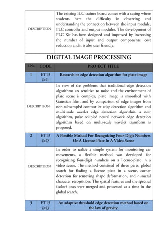 DESCRIPTION

The existing PLC trainer board comes with a casing where
students have the difficulty in observing and
understanding the connection between the input module,
PLC controller and output modules. The development of
PLC Kit has been designed and improved by increasing
the number of input and output components, cost
reduction and it is also user friendly.

DIGITAL IMAGE PROCESSING
S.No

CODE

PROJECT TITLE

1

ET13
iM1

Research on edge detection algorithm for plate image

DESCRIPTION

In view of the problems that traditional edge detection
algorithms are sensitive to noise and the environment of
plate scene is complex, plate image is smoothed with
Gaussian filter, and by comparison of edge images from
non-subsampled contour let edge detection algorithm and
multi-scale wavelet edge detection algorithm, a new
algorithm, pulse coupled neural network edge detection
algorithm based on multi-scale wavelet transform is
proposed.

ET13
iM2

A Flexible Method For Recognizing Four-Digit Numbers
On A License-Plate In A Video Scene

2

DESCRIPTION

3

ET13
iM3

In order to realize a simple system for monitoring car
movements, a flexible method was developed for
recognizing four-digit numbers on a license-plate in a
video scene. The method consisted of three parts; global
search for finding a license plate in a scene, corner
detection for removing shape deformation, and numeral
character recognition. The spatial features and the spectral
(color) ones were merged and processed at a time in the
global search.
An adaptive threshold edge detection method based on
the law of gravity

 