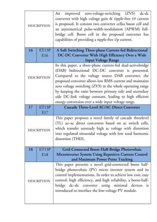 DESCRIPTION

16

ET13P
E16

DESCRIPTION

17

ET13P
E17

DESCRIPTION

18

ET13P
E18

DESCRIPTION

An improved zero-voltage-switching (ZVS) dc-dc
converter with high voltage gain & ripple-free I/P current
is proposed. It consists two converter cellsa boost cell and
an asymmetrical pulse-width-modulation (APWM) fullbridge cell. Boost cell in the proposed converter has
capabilities of providing a ripple-free i/p current.
A Soft Switching Three-phase Current-fed Bidirectional
DC-DC Converter With High Efficiency Over a Wide
Input Voltage Range
In this paper, a three-phase current-fed dual-activebridge
(DAB) bidirectional DC-DC converter is presented.
Compared to the voltage source DAB converter, the
proposed converter allows low RMS current and maintains
zero voltage switching (ZVS) in the whole operating range
by keeping the ratio between primary side and secondary
side DC-link voltage constant, leading to high efficient
energy conversion over a wide input voltage range.
Cascade Three-Level AC/AC Direct Converter
This paper proposes a novel family of cascade threelevel
(TL) ac–ac direct converters based on ac switch cells,
which transfer unsteady high ac voltage with distortion
into regulated sinusoidal voltage with low total harmonic
distortion (THD).
Grid-Connected Boost-Half-Bridge Photovoltaic
Microinverter System Using Repetitive Current Control
and Maximum Power Point Tracking
This paper presents a novel grid-connected boost halfbridge photovoltaic (PV) micro inverter system and its
control implementations. In order to achieve low cost, easy
control, high efficiency, and high reliability, a boost-halfbridge dc–dc converter using minimal devices is
introduced to interface the low-voltage PV module.

 