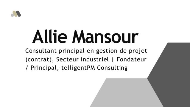 Allie Mansour
Consultant principal en gestion de projet
(contrat), Secteur industriel | Fondateur
/ Principal, telligentPM Consulting
 