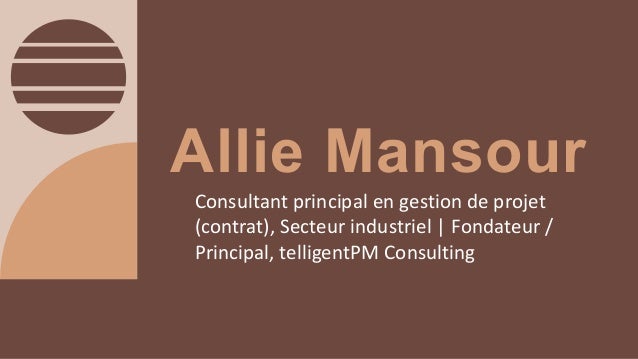 Allie Mansour
Consultant principal en gestion de projet
(contrat), Secteur industriel | Fondateur /
Principal, telligentPM Consulting
 