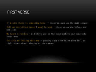 FIRST VERSE

I’m sure there is something here   - close-up used on the main singer
Tell me everything cause I want to hear - close-up on microphone and
her lips
My heart is broken - mid-shots use on the band members and hand held
shots used
You left me feeling this way - panning shot from below from left to
right shows singer singing at the camera
 