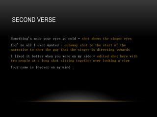 SECOND VERSE

Something's made your eyes go cold – shot shows the singer eyes
You’re all I ever wanted - cutaway shot to the start of the
narrative to show the guy that the singer is directing towards
I liked it better when you were on my side – edited shot here with
two people at a long shot sitting together over looking a view
Your name is forever on my mind -
 