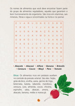 Os nomes de alimentos que você deve encontrar fazem parte
do grupo de alimentos reguladores, aqueles que garantem o
bom funcionamento do organismo. São ricos em vitaminas, sais
minerais, fibras e água e encontrados na horta e no pomar.

• Abacate • Abacaxi • Alface • Banana • Brócolis
• Cenoura • Couve • Maçã • Pera • Tomate
Dica: Os alimentos ricos em potássio auxiliam
no controle da pressão arterial. São eles: feijão,
grão-de-bico, ervilha, aveia, germe de trigo,
beterraba, batata, rabanete, mandioca,
cenoura, cará, almeirão, couve, chicória,
espinafre, salsa, abacaxi, amora,
abacate, banana, melão e maracujá.

21

 