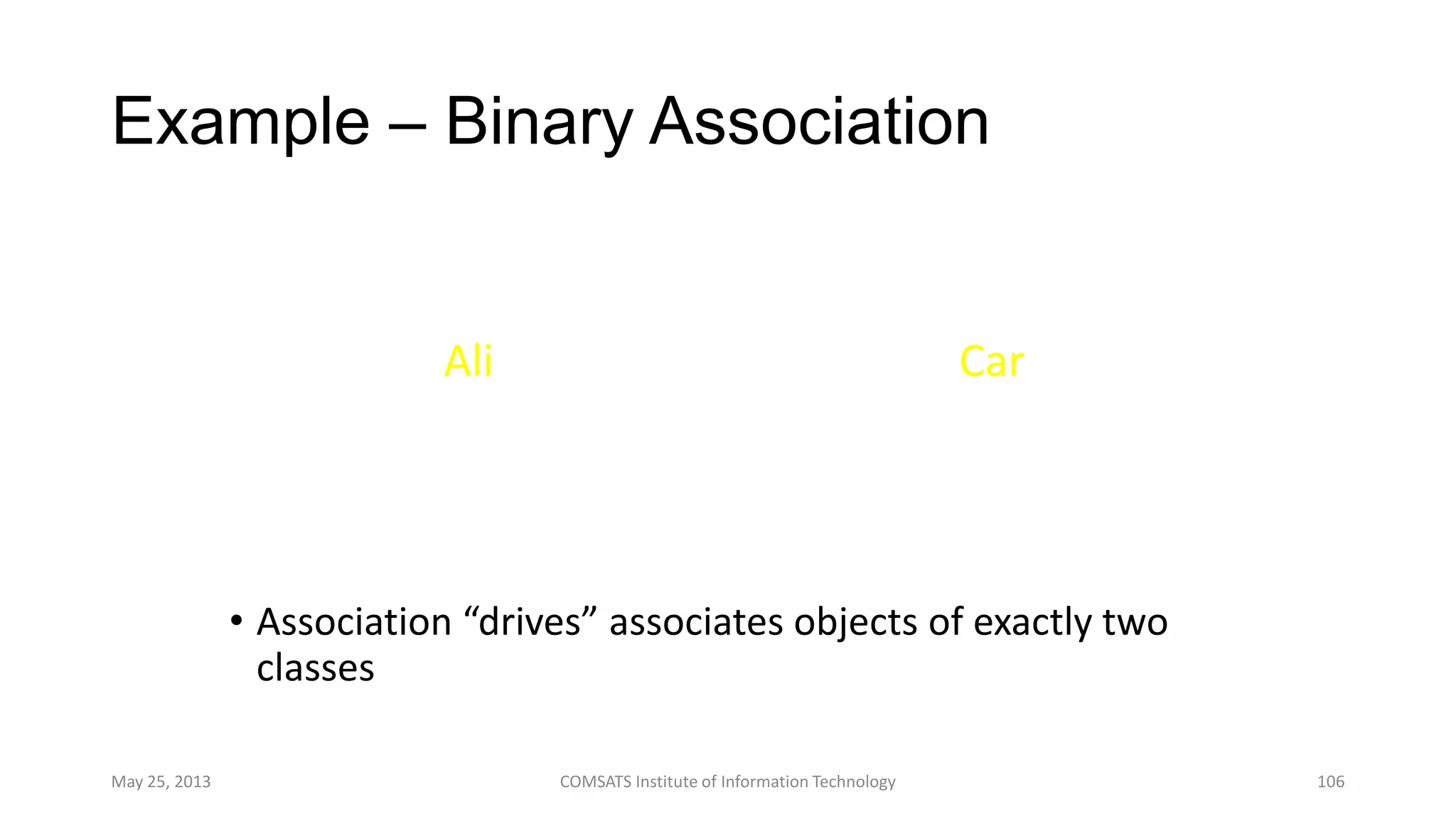 Example – Binary Association
• Association “drives” associates objects of exactly two
classes
May 25, 2013 COMSATS Institute of Information Technology 106
Ali Car
drives
*1
 