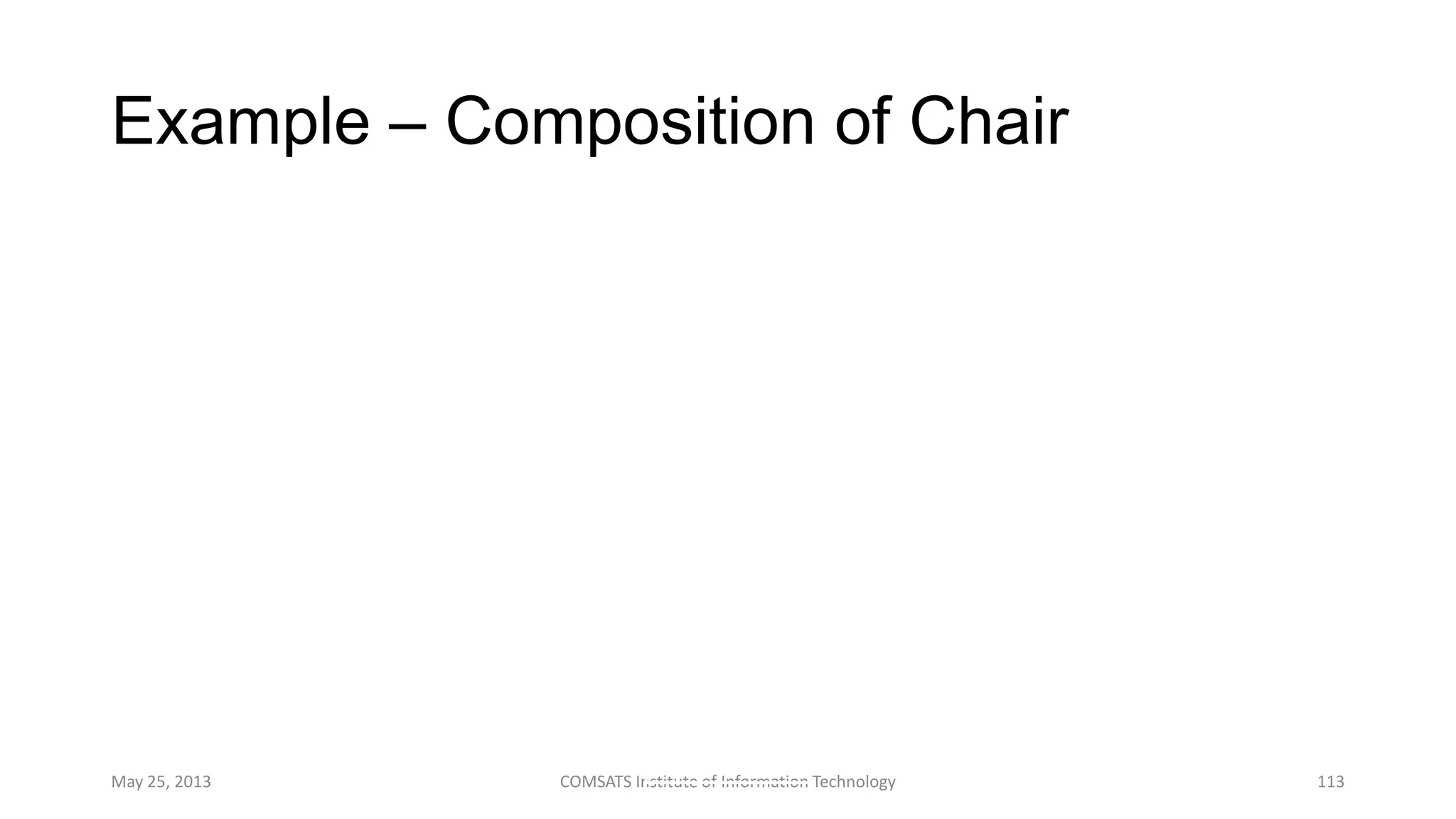 Example – Composition of Chair
May 25, 2013 COMSATS Institute of Information Technology 113
Chair
SeatArm
Back
Leg
1
12 4
 