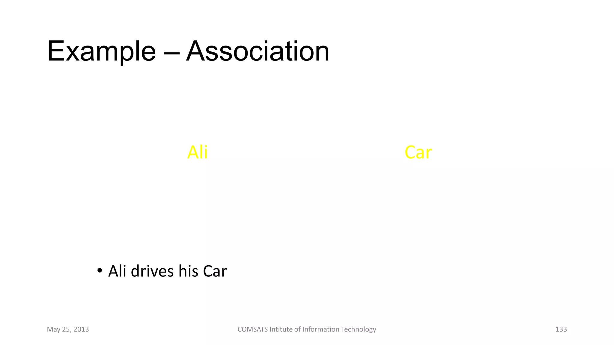 Example – Association
• Ali drives his Car
May 25, 2013 COMSATS Intitute of Information Technology 133
Ali Car
drives
*1
 
