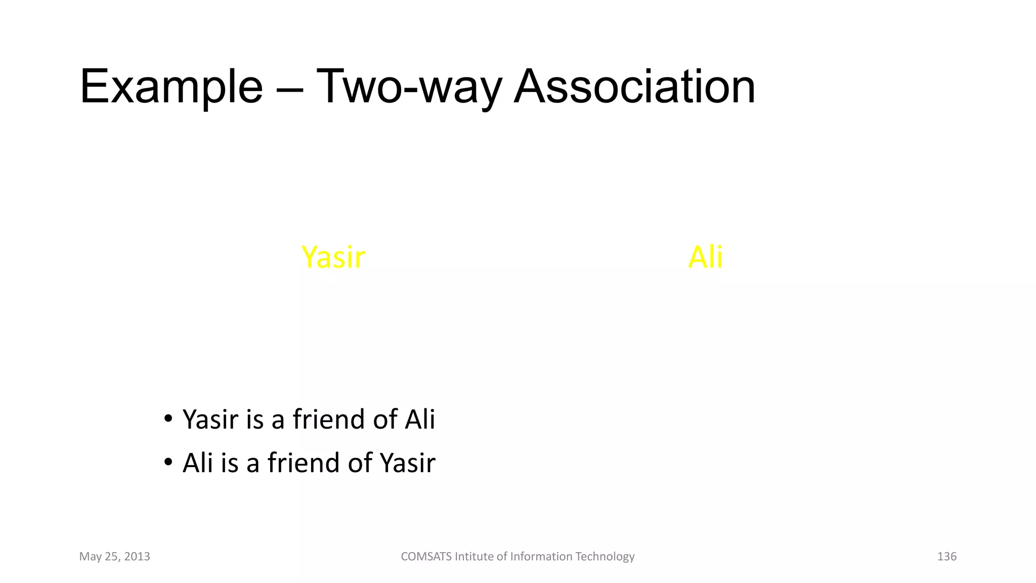 Example – Two-way Association
• Yasir is a friend of Ali
• Ali is a friend of Yasir
May 25, 2013 COMSATS Intitute of Information Technology 136
Yasir Ali
friend
11
 
