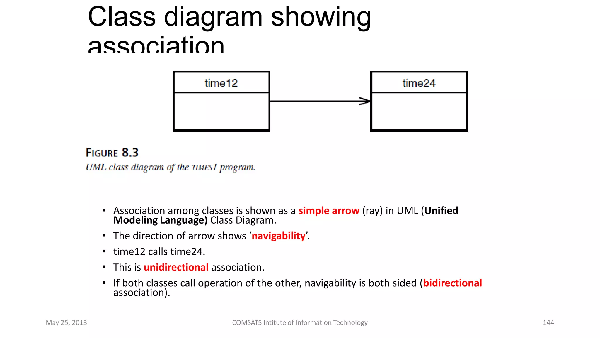 Class diagram showing
association
• Association among classes is shown as a simple arrow (ray) in UML (Unified
Modeling Language) Class Diagram.
• The direction of arrow shows ‘navigability’.
• time12 calls time24.
• This is unidirectional association.
• If both classes call operation of the other, navigability is both sided (bidirectional
association).
May 25, 2013 COMSATS Intitute of Information Technology 144
 