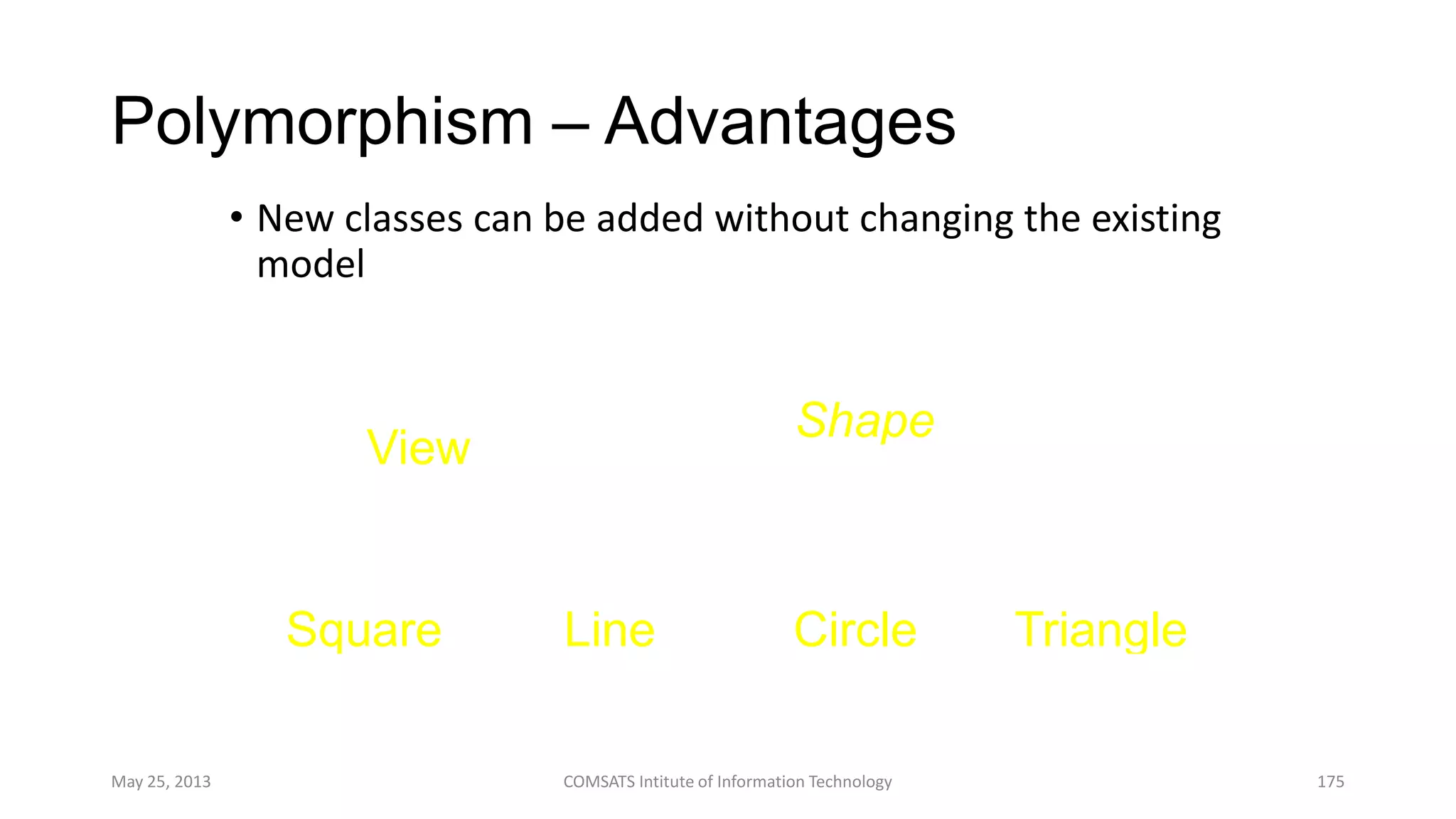 Polymorphism – Advantages
• New classes can be added without changing the existing
model
May 25, 2013 COMSATS Intitute of Information Technology 175
Square
draw
Shape
Line Circle Triangle
draw
draw
draw draw
draw
View
 