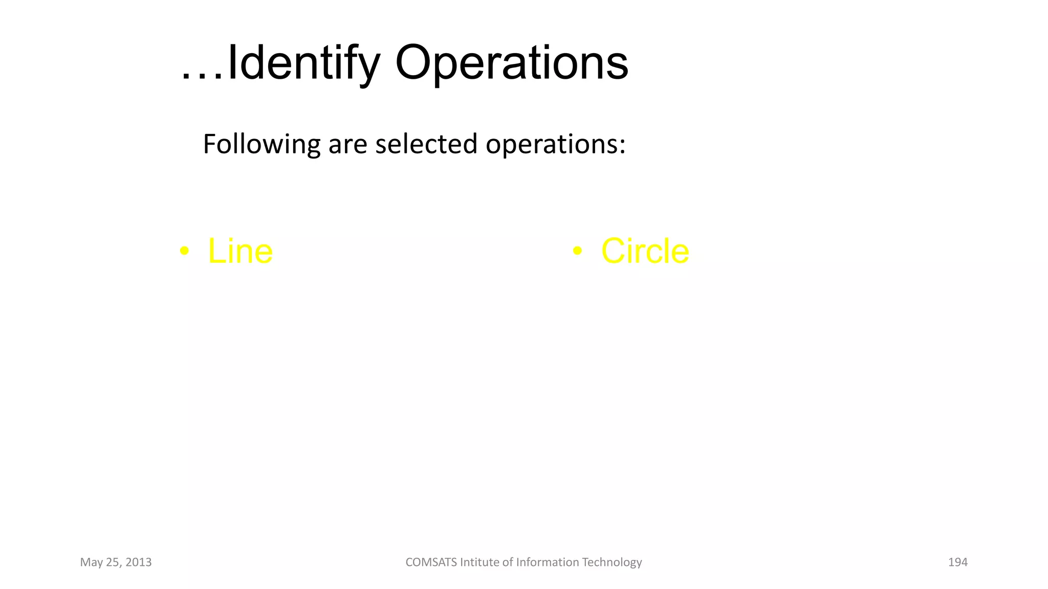 …Identify Operations
Following are selected operations:
May 25, 2013 COMSATS Intitute of Information Technology 194
• Line
– Draw
– Select
– Move
– Rotate
• Circle
– Draw
– Select
– Move
– Rotate
 