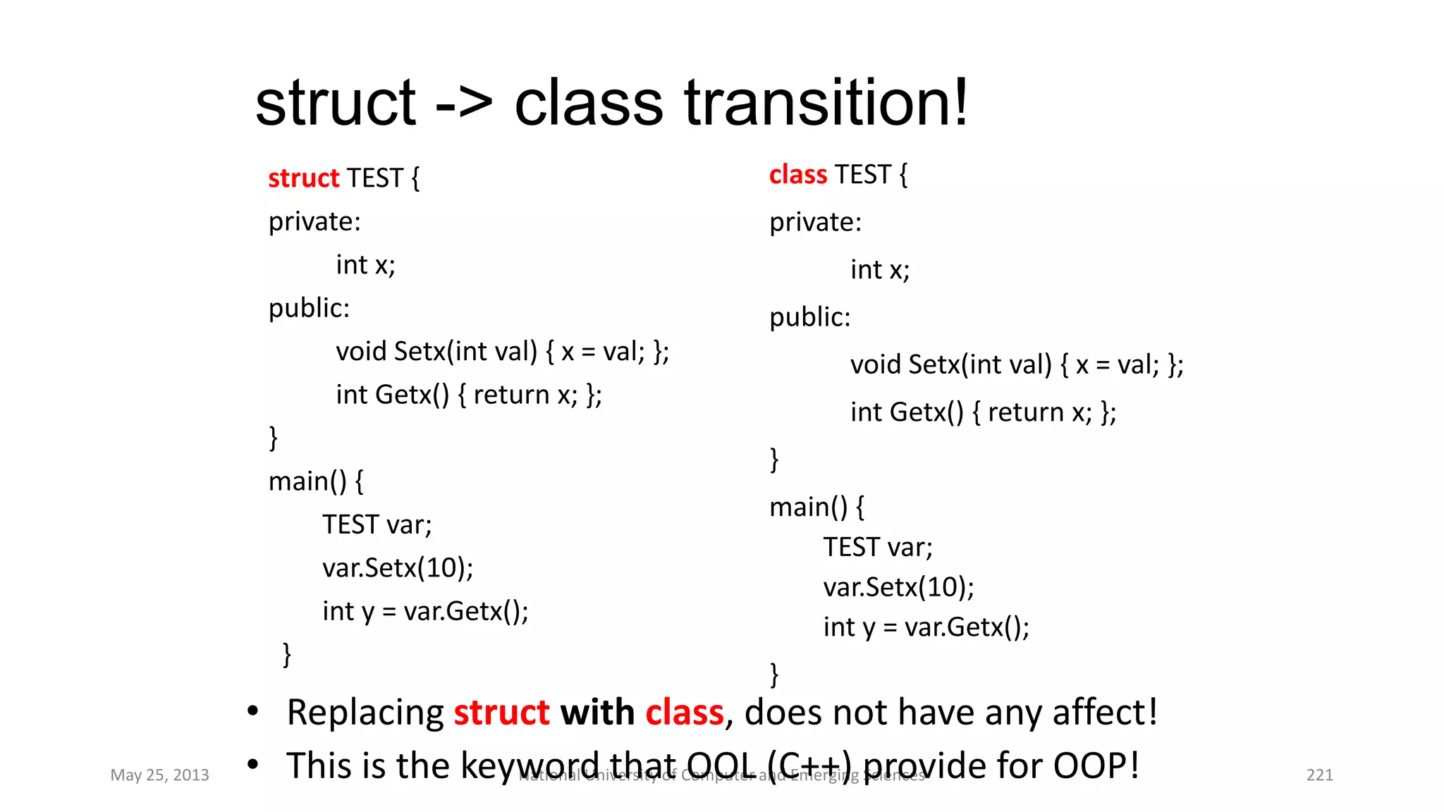 struct -> class transition!
class TEST {
private:
int x;
public:
void Setx(int val) { x = val; };
int Getx() { return x; };
}
main() {
TEST var;
var.Setx(10);
int y = var.Getx();
}
May 25, 2013 National University of Computer and Emerging Sciences 221
struct TEST {
private:
int x;
public:
void Setx(int val) { x = val; };
int Getx() { return x; };
}
main() {
TEST var;
var.Setx(10);
int y = var.Getx();
}
• Replacing struct with class, does not have any affect!
• This is the keyword that OOL (C++) provide for OOP!
 