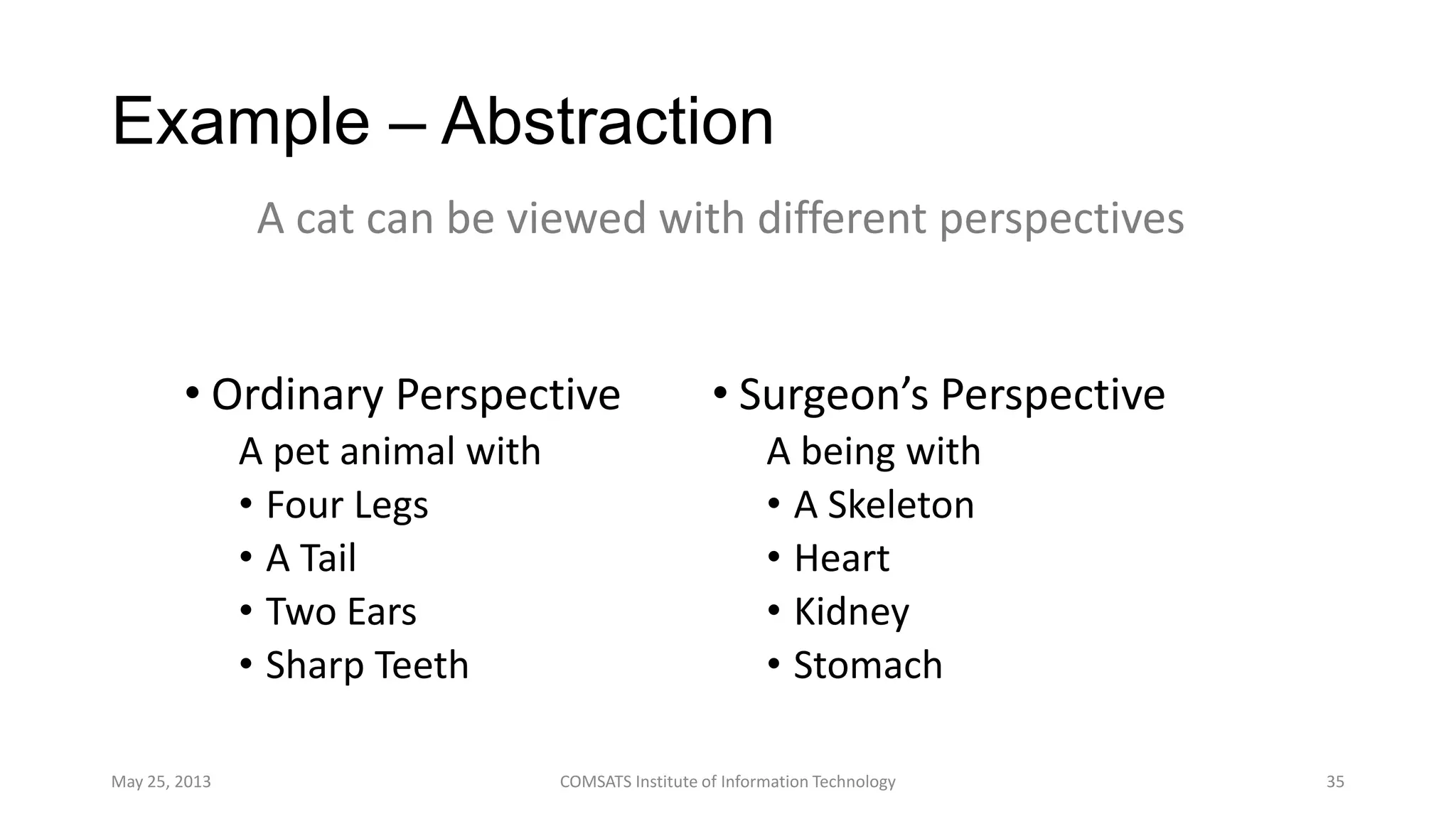 Example – Abstraction
• Ordinary Perspective
A pet animal with
• Four Legs
• A Tail
• Two Ears
• Sharp Teeth
• Surgeon’s Perspective
A being with
• A Skeleton
• Heart
• Kidney
• Stomach
May 25, 2013 COMSATS Institute of Information Technology 35
A cat can be viewed with different perspectives
 