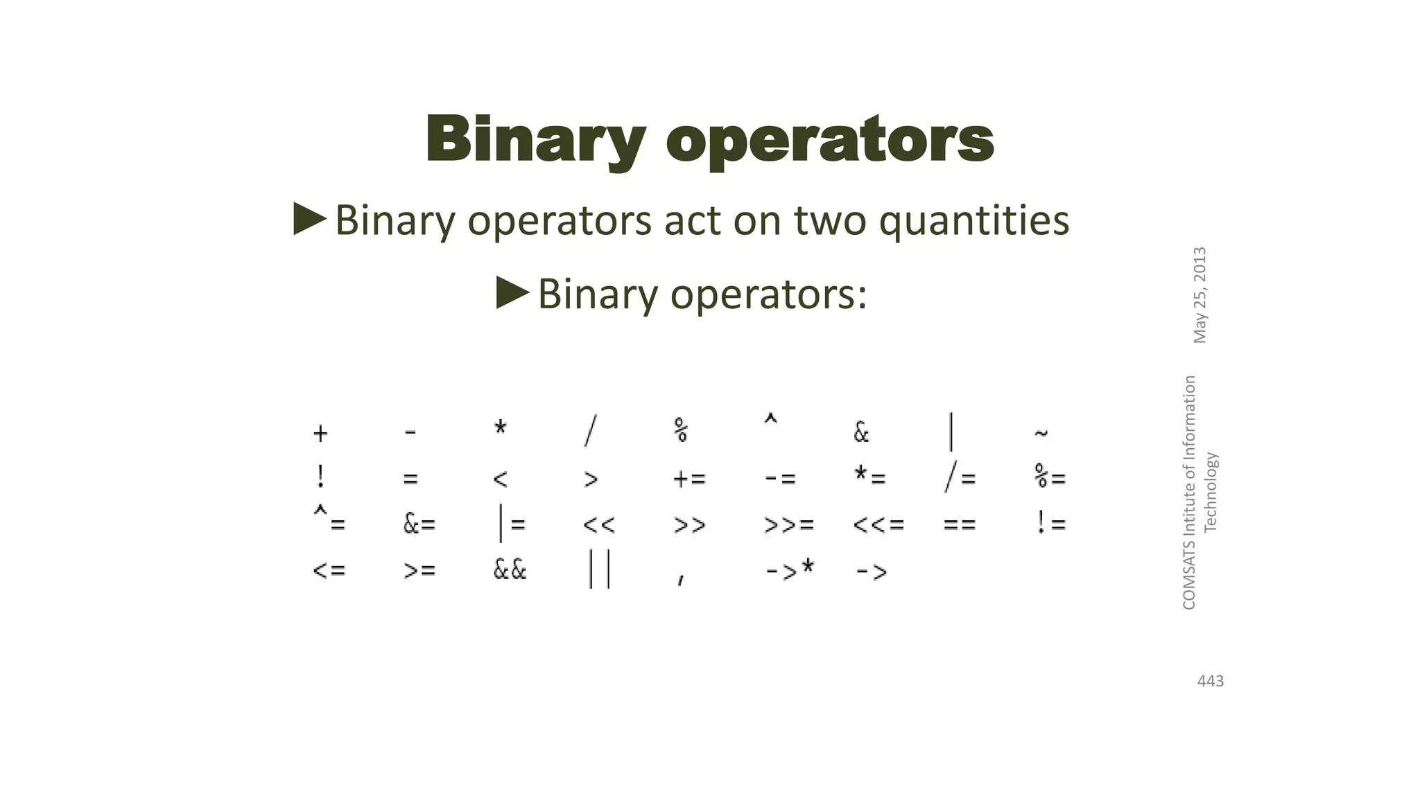 Binary operators
►Binary operators act on two quantities
►Binary operators:
May25,2013
COMSATSIntituteofInformation
Technology
443
 